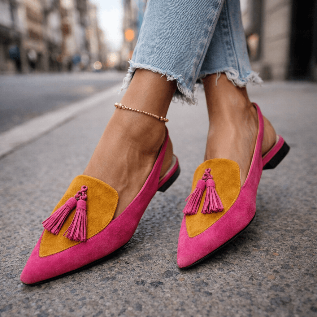 Sandalias de ante fucsia con borlas y panel mostaza, tacón bajo