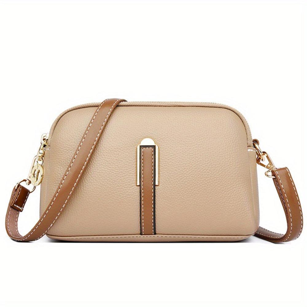 Bolso bandolera textura lichi caqui claro, cierre cremallera y asa de cuero