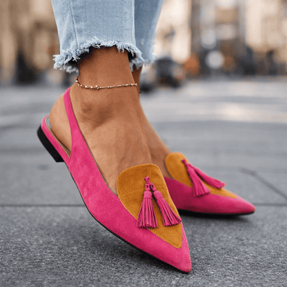 Sandalias de ante fucsia con borlas y detalle mostaza, tacón bajo