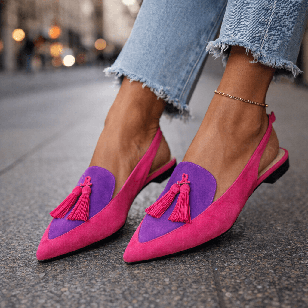 Sandalias de ante fucsia con borlas moradas y tiras finas, tacón bajo