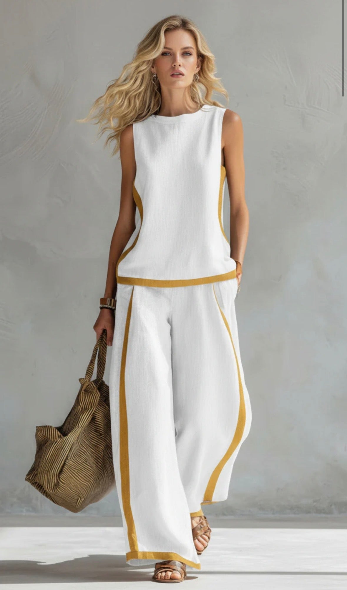 Conjunto de algodón y lino blanco sin mangas con pantalón ancho y ribete amarillo