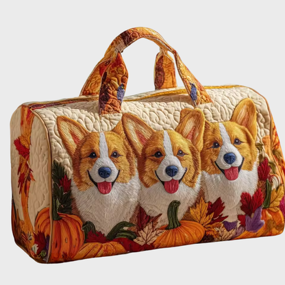 Bolso de viaje artesanal acolchado con asas y 3 perritos corgi con hojas y calabazas