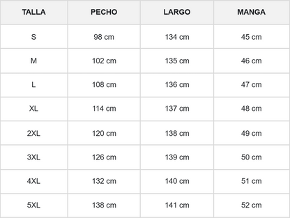 Tabla de tallas del mono: pecho, largo y manga para S a 5XL.