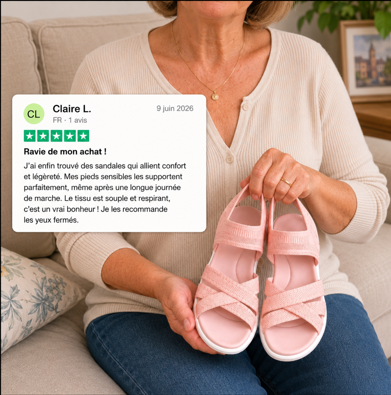 Sandalias ortopédicas rosadas con tiras cruzadas de tejido y suela blanca