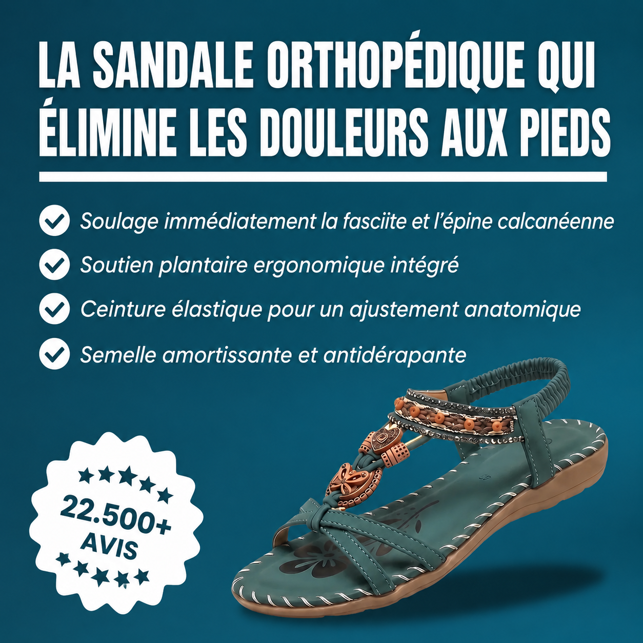 Sandalias ortopédicas azul petróleo con tiras decoradas, pulsera elástica y suela acolchada