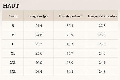 Tabla de tallas para la parte superior (HAUT): medidas de pecho y mangas