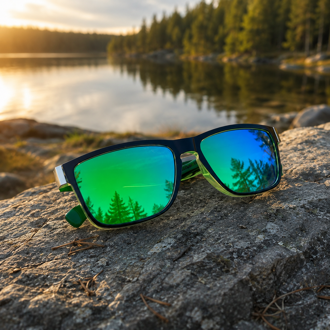 Gafas de sol polarizadas con lentes verdes espejadas y montura oscura; vista lateral