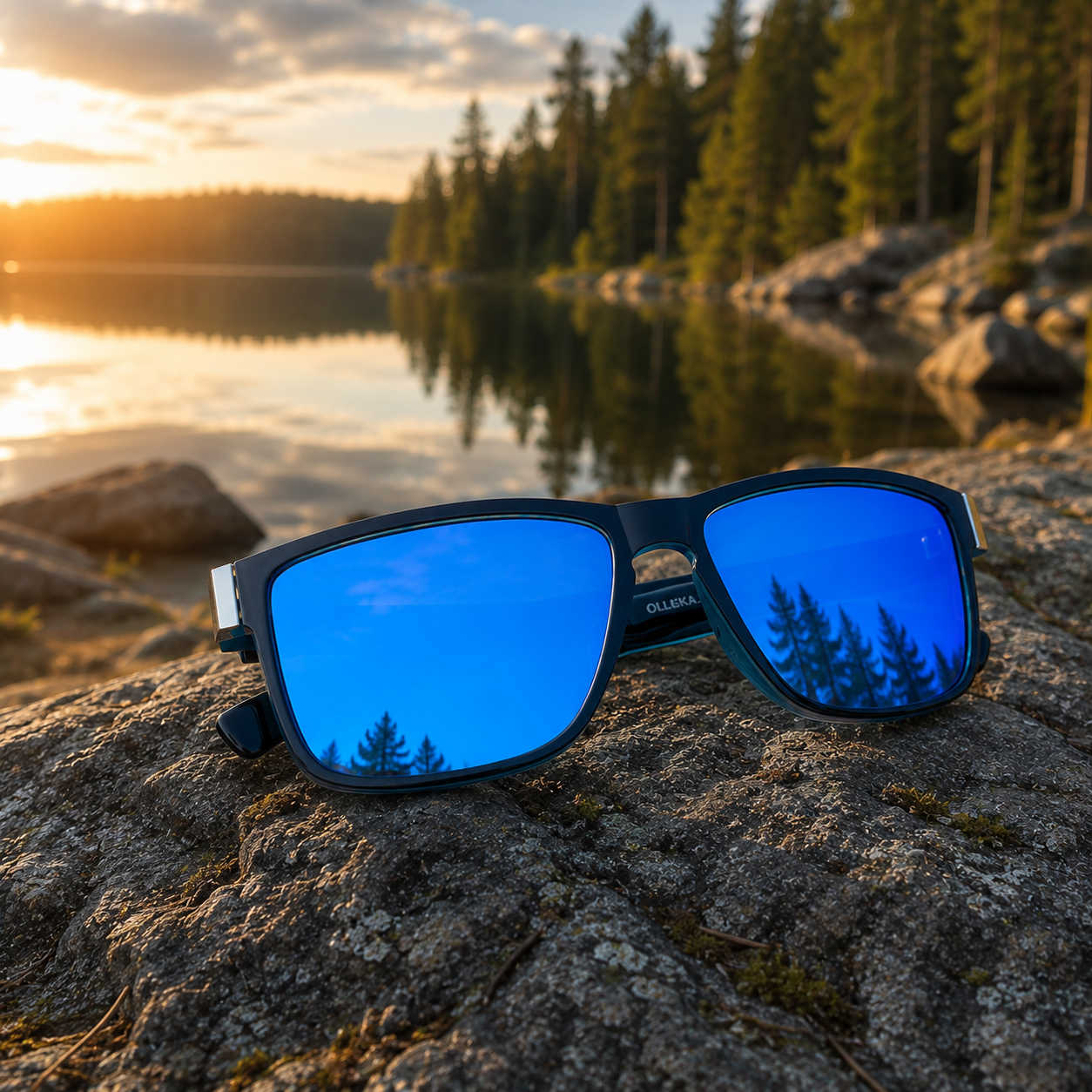 Gafas de sol polarizadas con montura negra y lentes azules espejo; varillas azules con dibujo