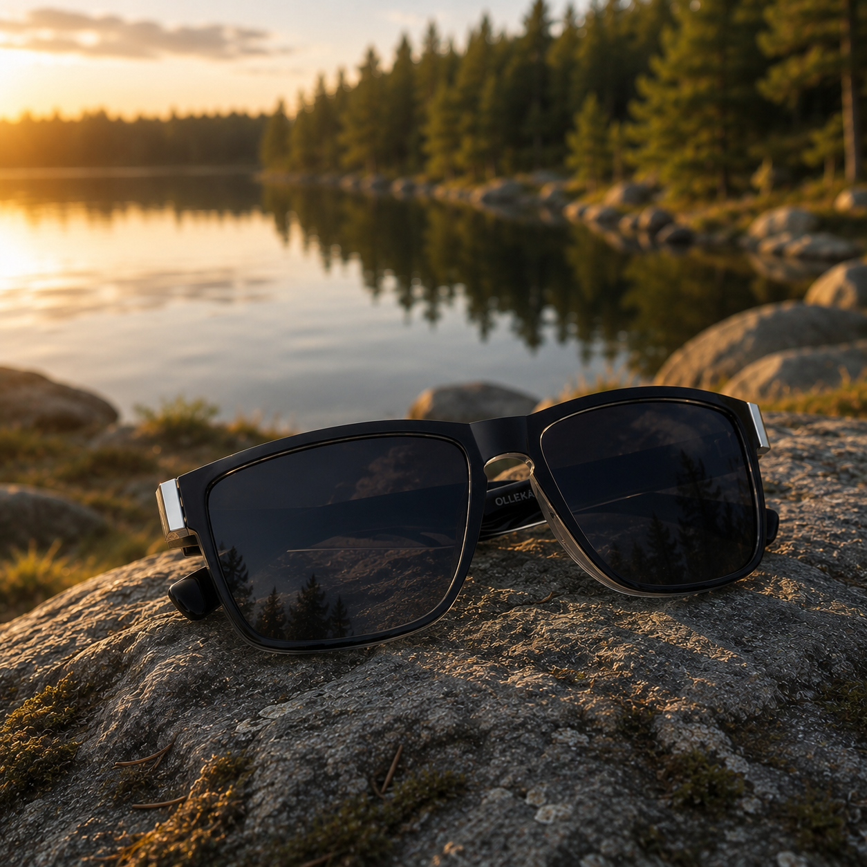 Gafas de sol polarizadas con montura negra y lentes oscuras; varillas con estampado cebra