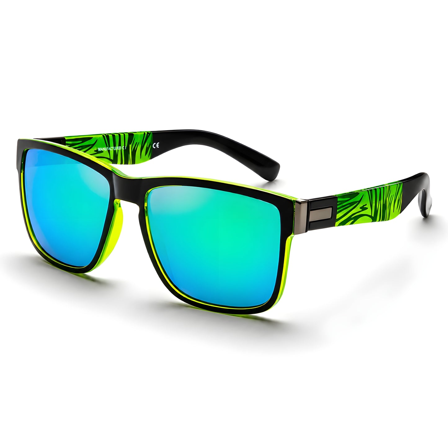Gafas de sol polarizadas con montura verde y lentes azules; varillas verdes con estampado