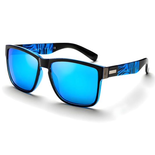 Gafas de sol polarizadas con montura negra y lentes azules; varillas azules con estampado