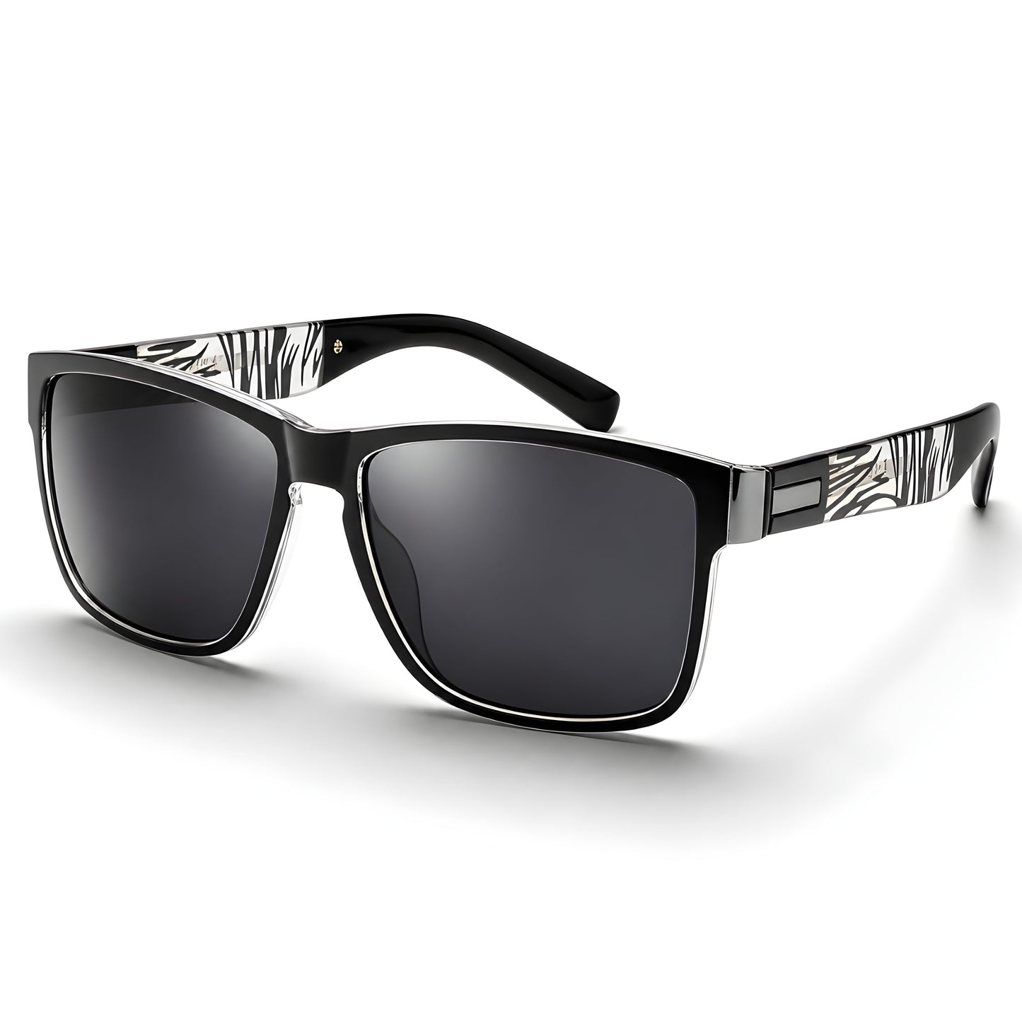 Gafas de sol polarizadas con montura negra y lentes oscuras; patetn laterales tipo cebra