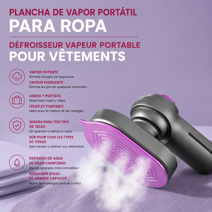 Plancha de vapor portátil produciendo vapor sobre tela morada