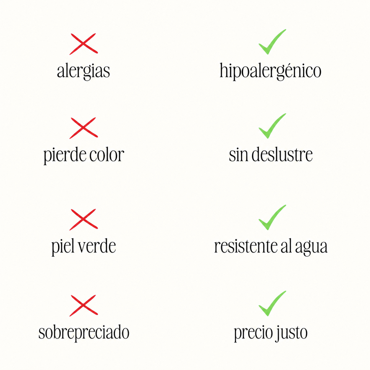 Infografía de pendientes: hipoalergénico, sin deslustre y resistente al agua
