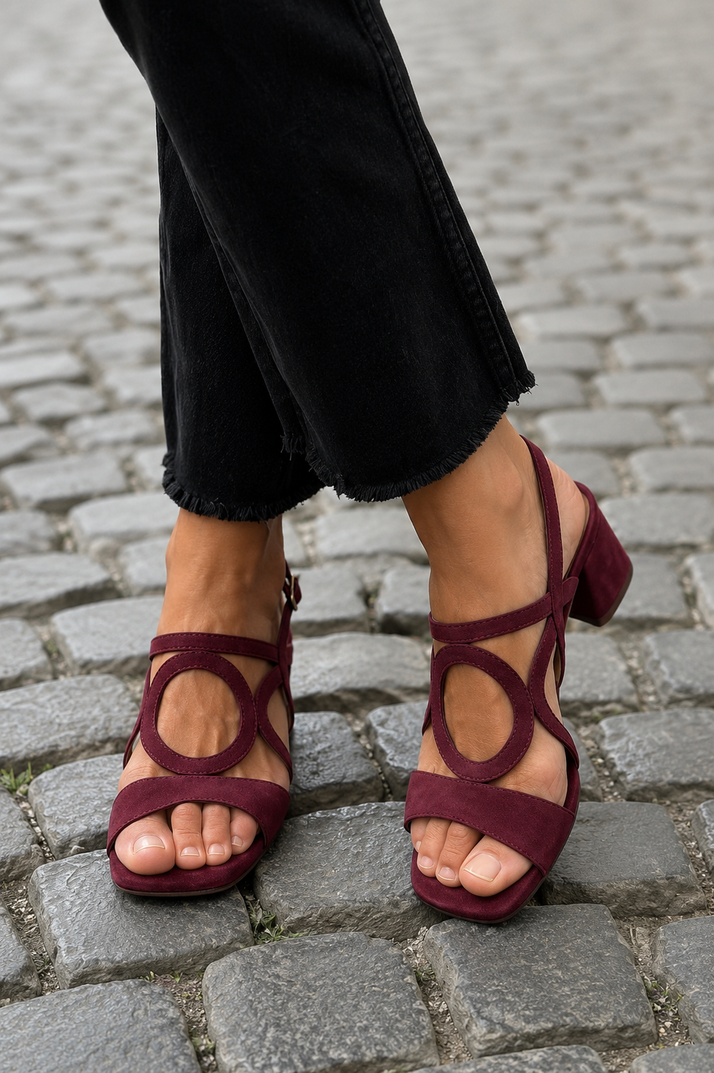 Sandalias de verano con tira cruzada y tacón abierto burdeos, punta abierta