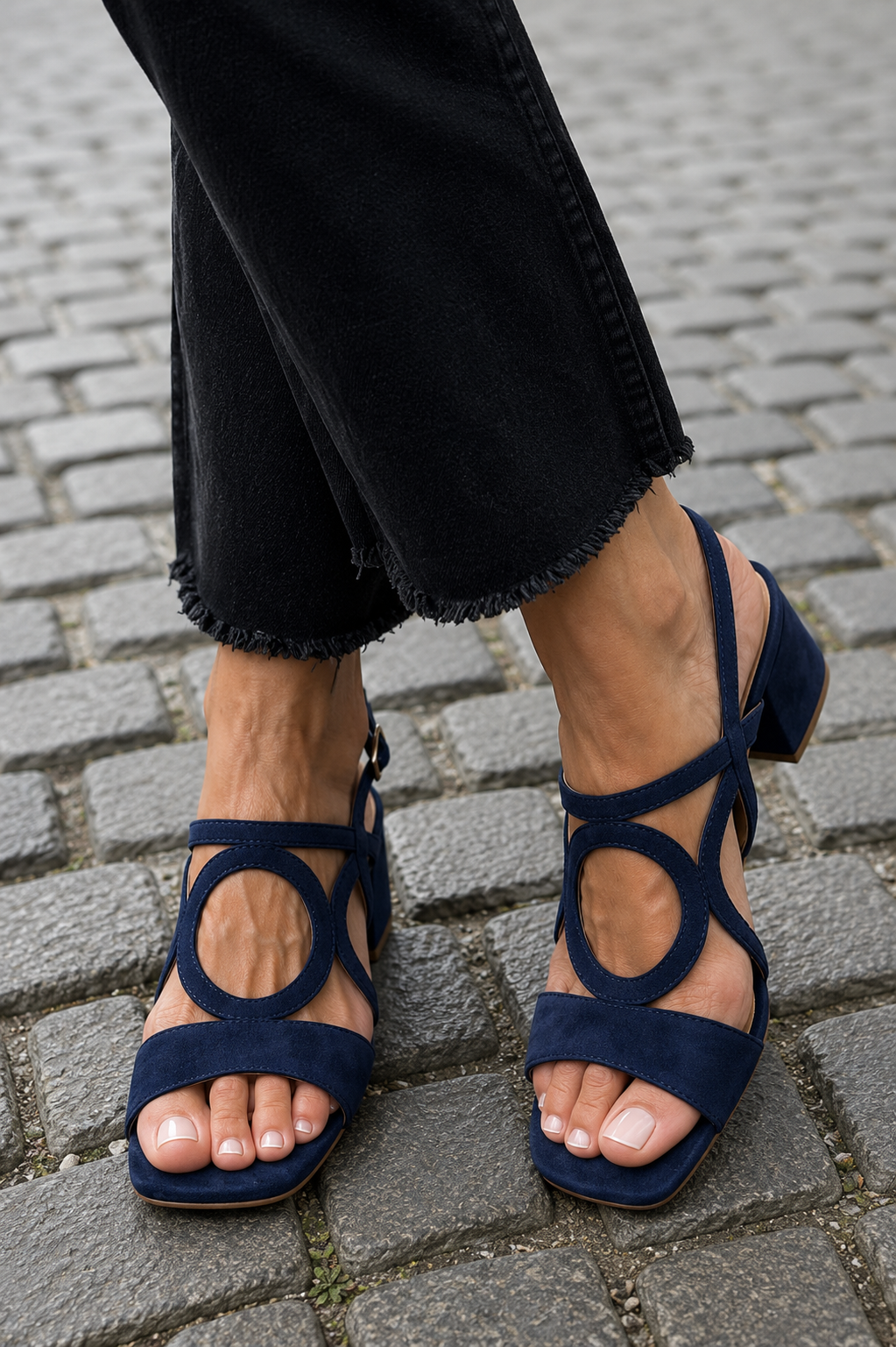 Sandalias de verano de tiras azul marino con pulsera al tobillo y puntera abierta