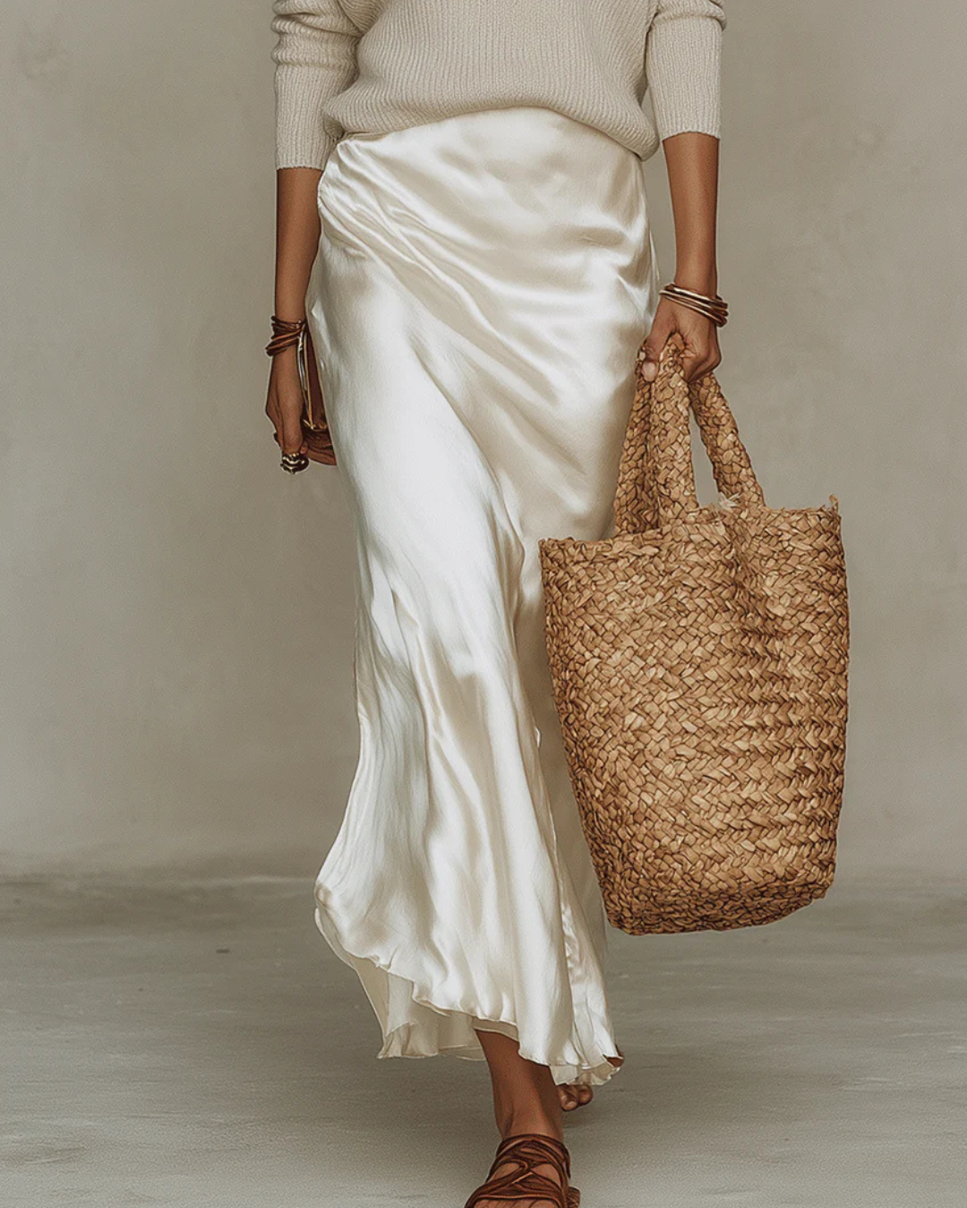 Vestido midi satinado blanco con parte superior de jersey de cuello en V