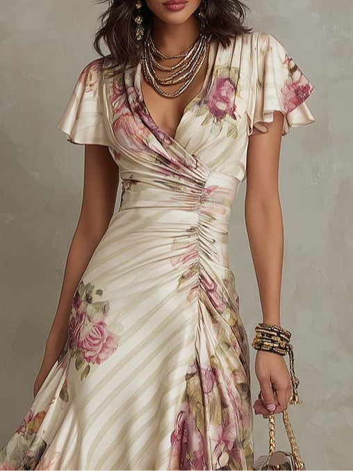 Vestido de satén marfil con flores rosas, escote cruzado drapeado y mangas con volante