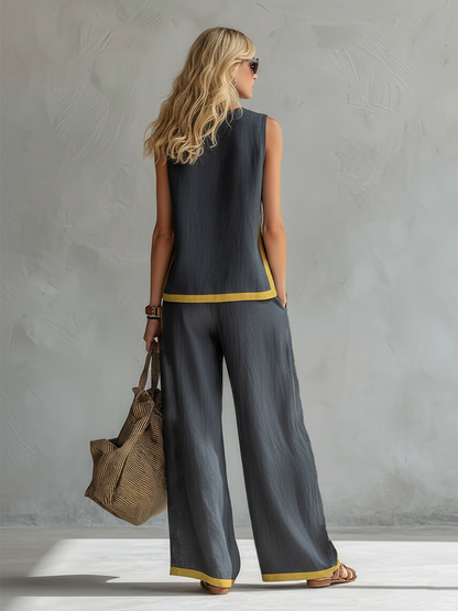 Conjunto de algodón y lino gris oscuro sin mangas con pantalón ancho visto de espaldas