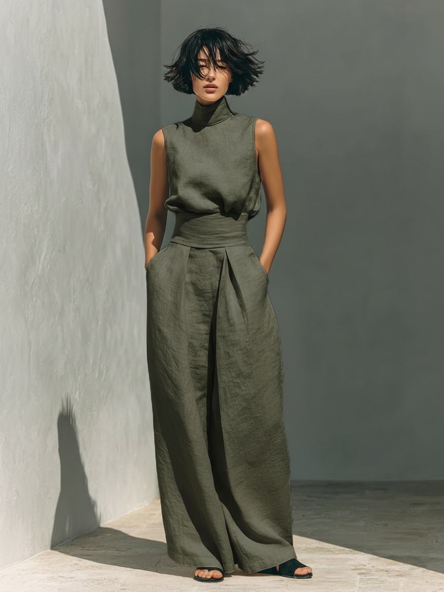 Conjunto de algodón y lino verde militar: top sin mangas y pantalón ancho