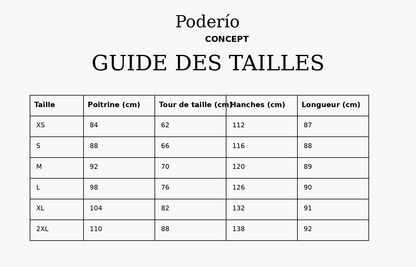 Guía de tallas con tabla de tallas y medidas de pecho, cintura, cadera y longitud