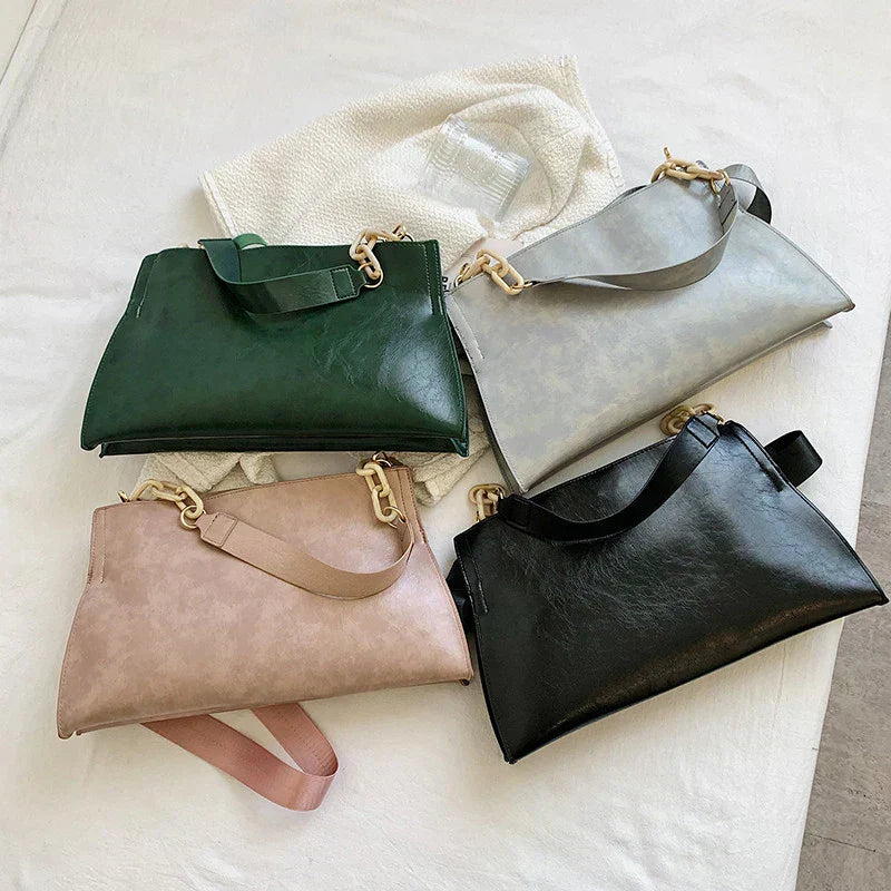 Set de bolsos de hombro de cuero en verde, blanco, beige y negro