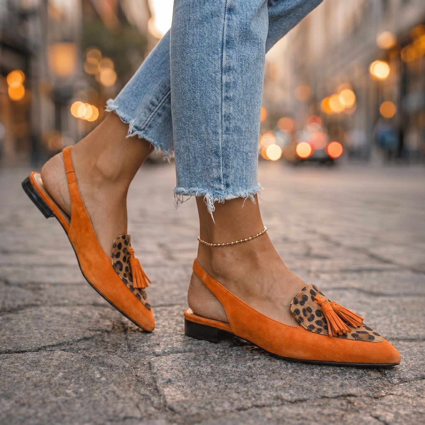 Sandalias de ante naranja con borlas en estampado leopardo, tacón bajo