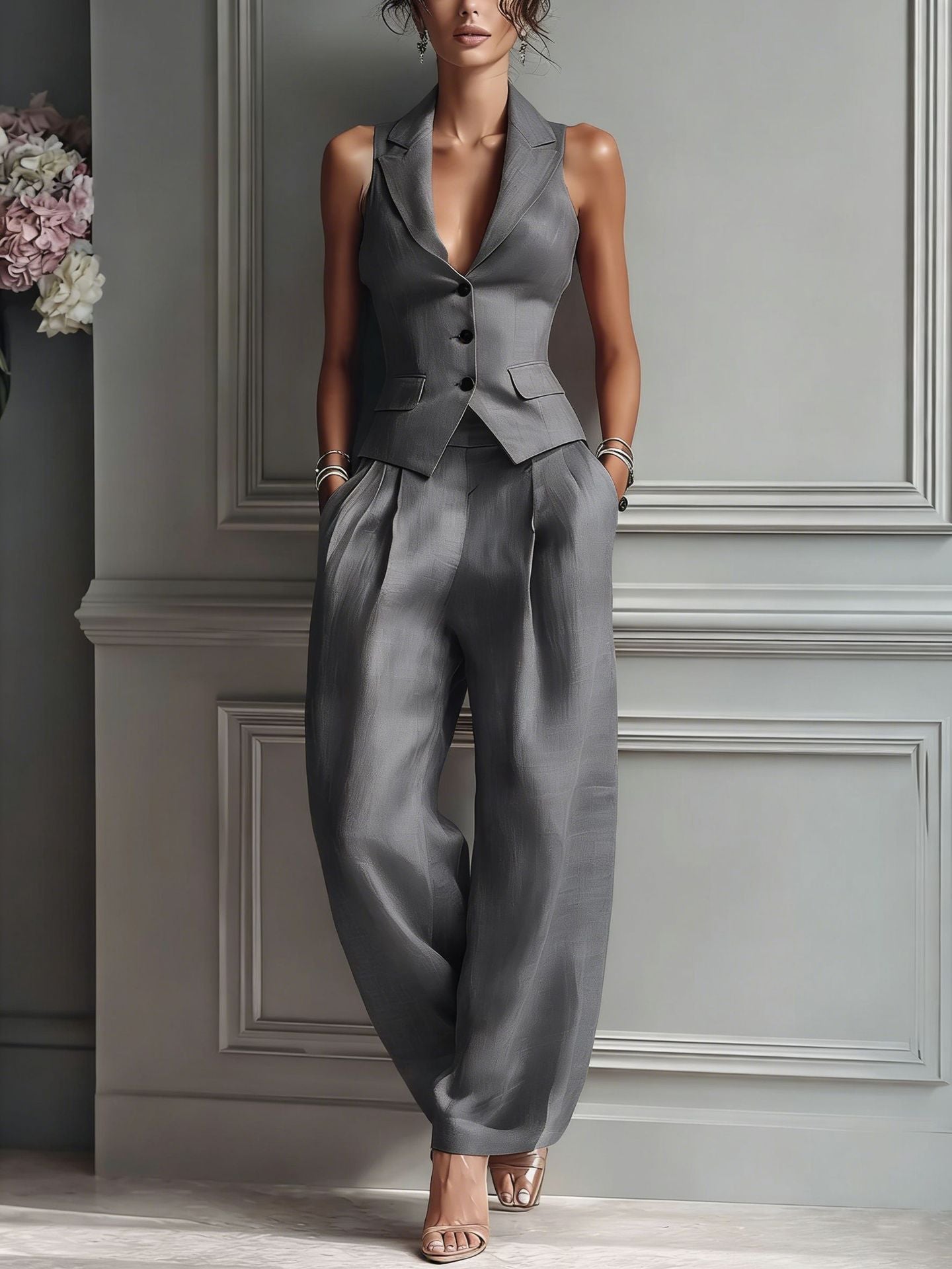 Conjunto de dos piezas de mujer: chaleco cuello V con botones y pantalón ancho gris oscuro
