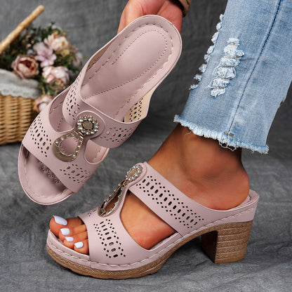 Sandalias ortopédicas de confort rosa claro con tacón ancho y detalle floral