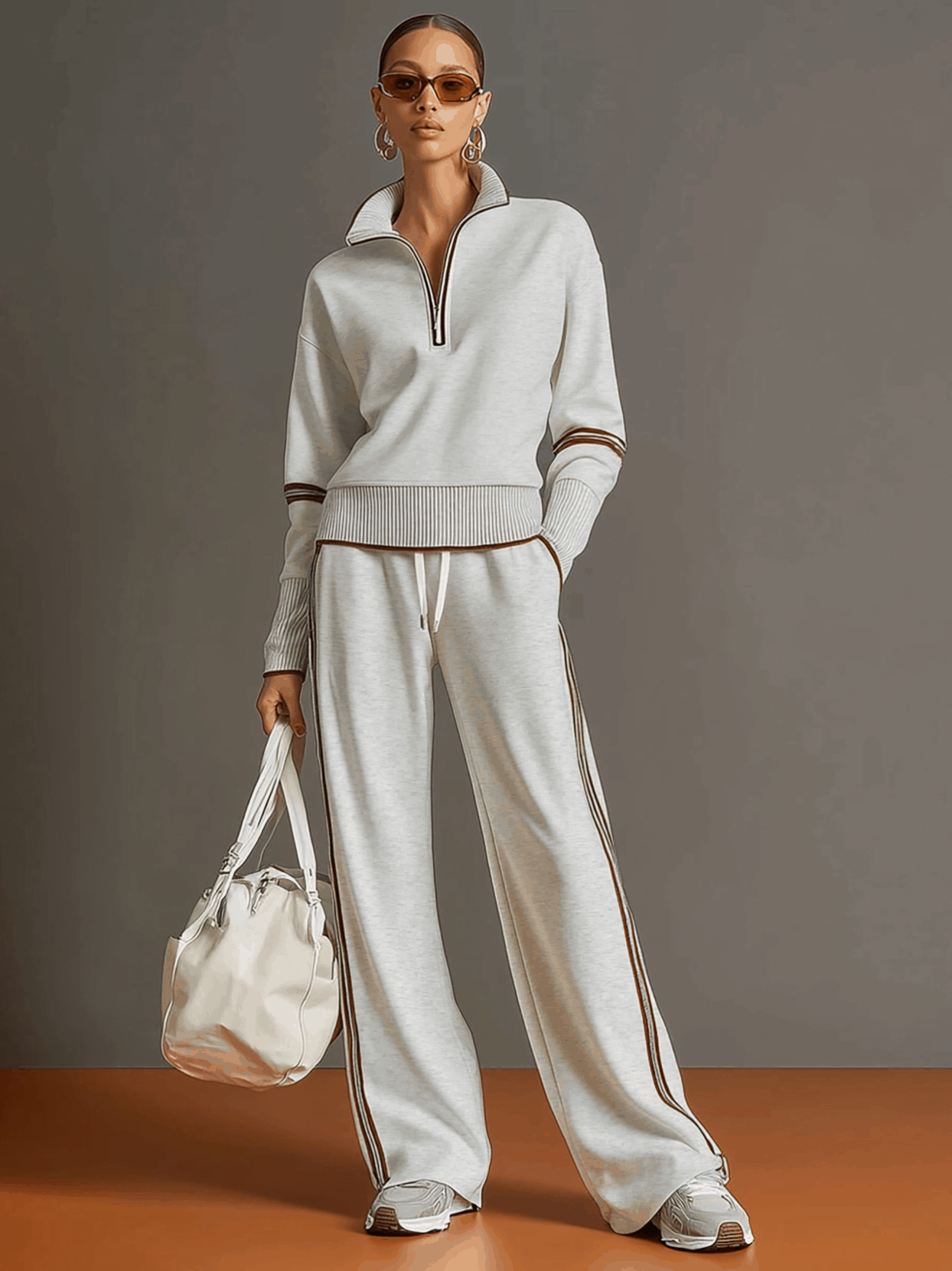 Conjunto deportivo de sudadera gris clara con media cremallera y pantalón ancho a rayas blancas