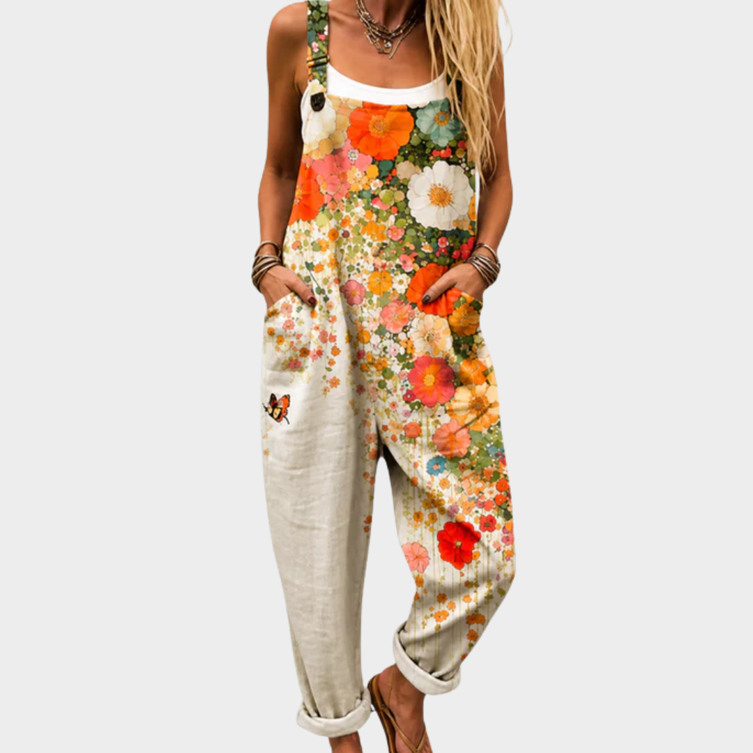 Salopette de mujer estampada floral multicolor con tirantes y bolsillos tipo peto