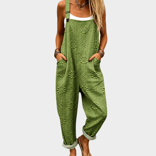 Mono tipo peto verde oliva con estampado floral y pierna recta