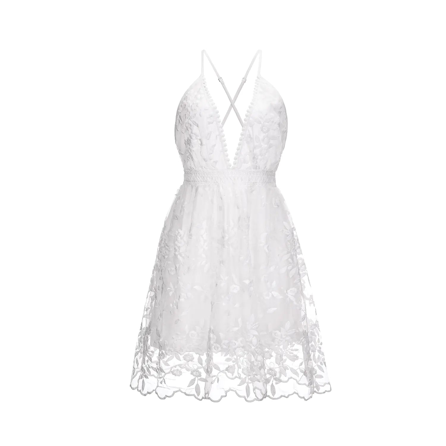 Vestido de encaje blanco con escote en V, tirantes finos y falda con volantes