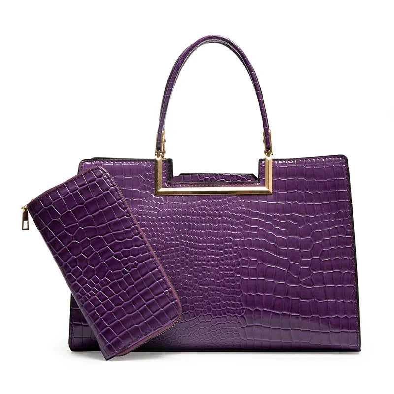 Juego de bolso y cartera de cuero morado, con asa y cartera a juego