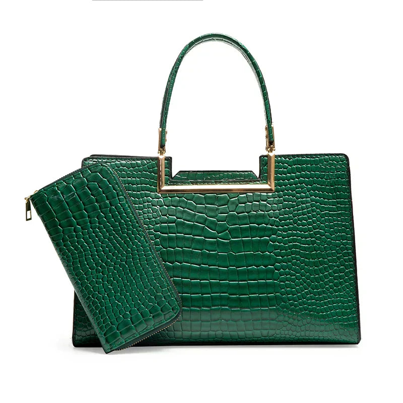Juego de bolso y cartera de cuero verde, con asa y cartera a juego