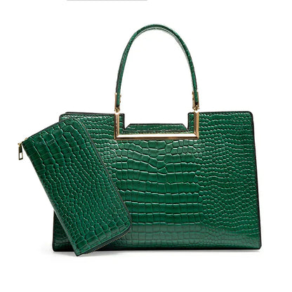 Juego de bolso y cartera de cuero verde, con asa y cartera a juego