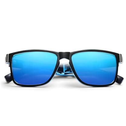 Gafas de sol polarizadas con montura negra y lentes azules, vista frontal