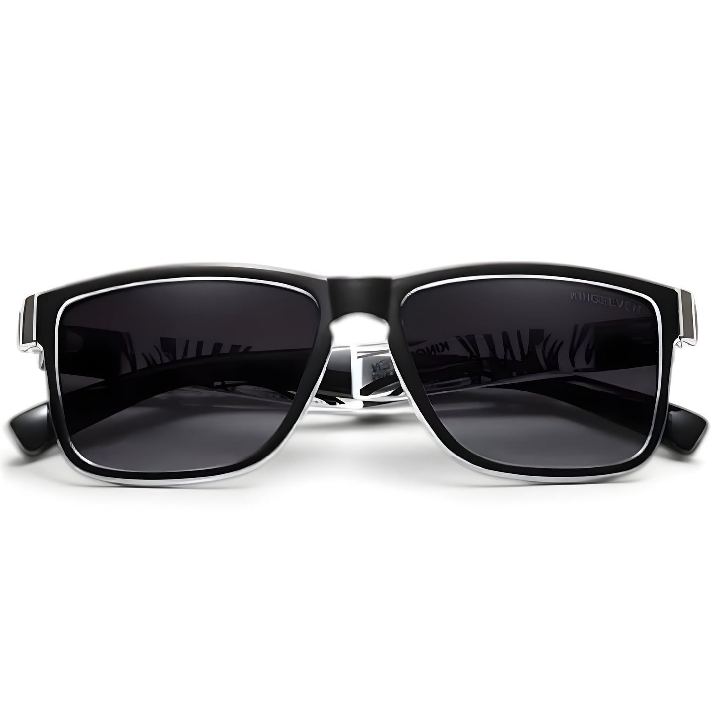 Gafas de sol polarizadas con montura negra y lentes oscuras, vista frontal
