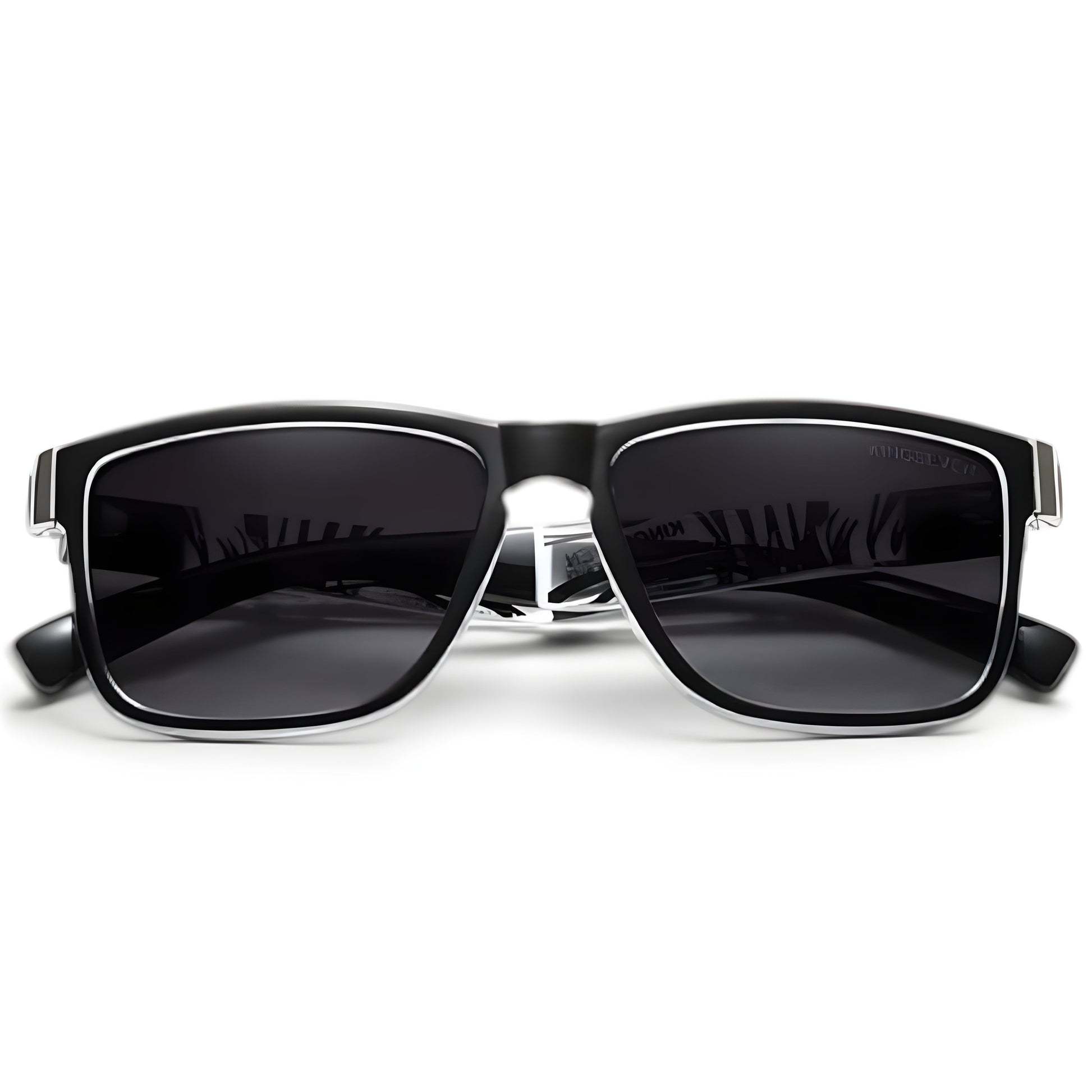 Gafas de sol polarizadas con montura negra y lentes oscuras, vista frontal