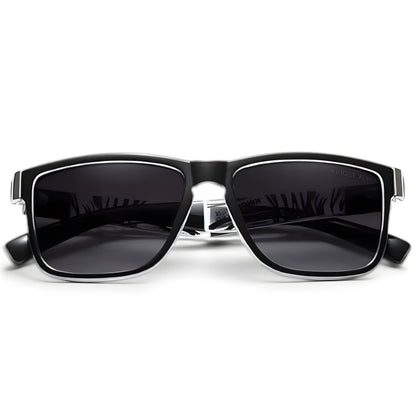 Gafas de sol polarizadas con montura negra y lentes oscuras, vista frontal