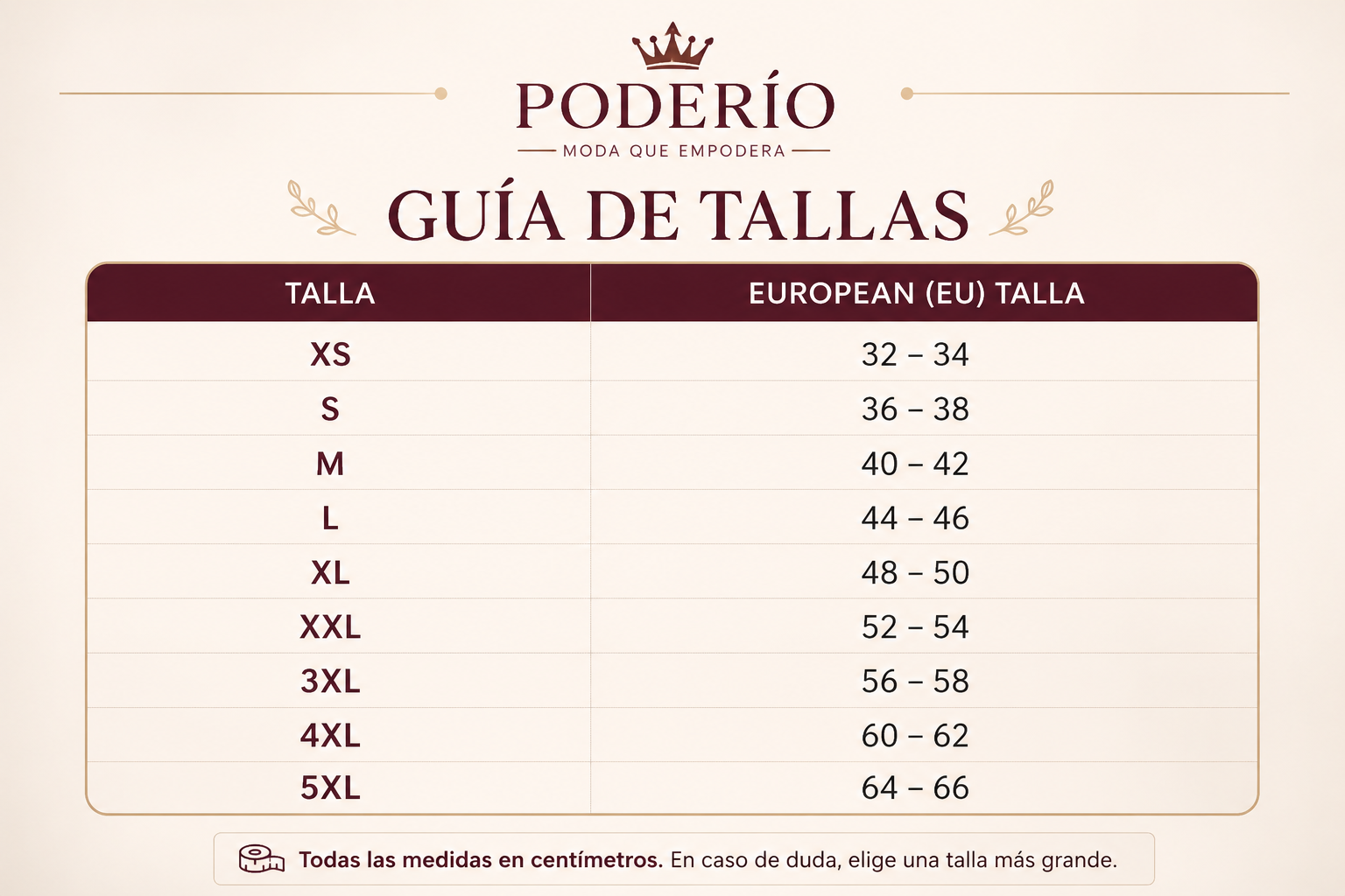 Guía de tallas PODERÍO con tabla de tallas EU y medidas en cm