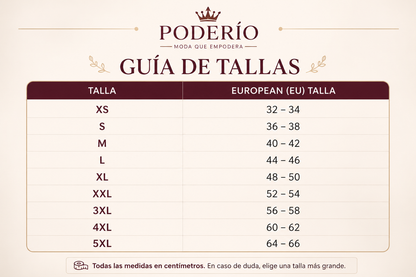 Guía de tallas PODERÍO con tabla de tallas EU y medidas en cm