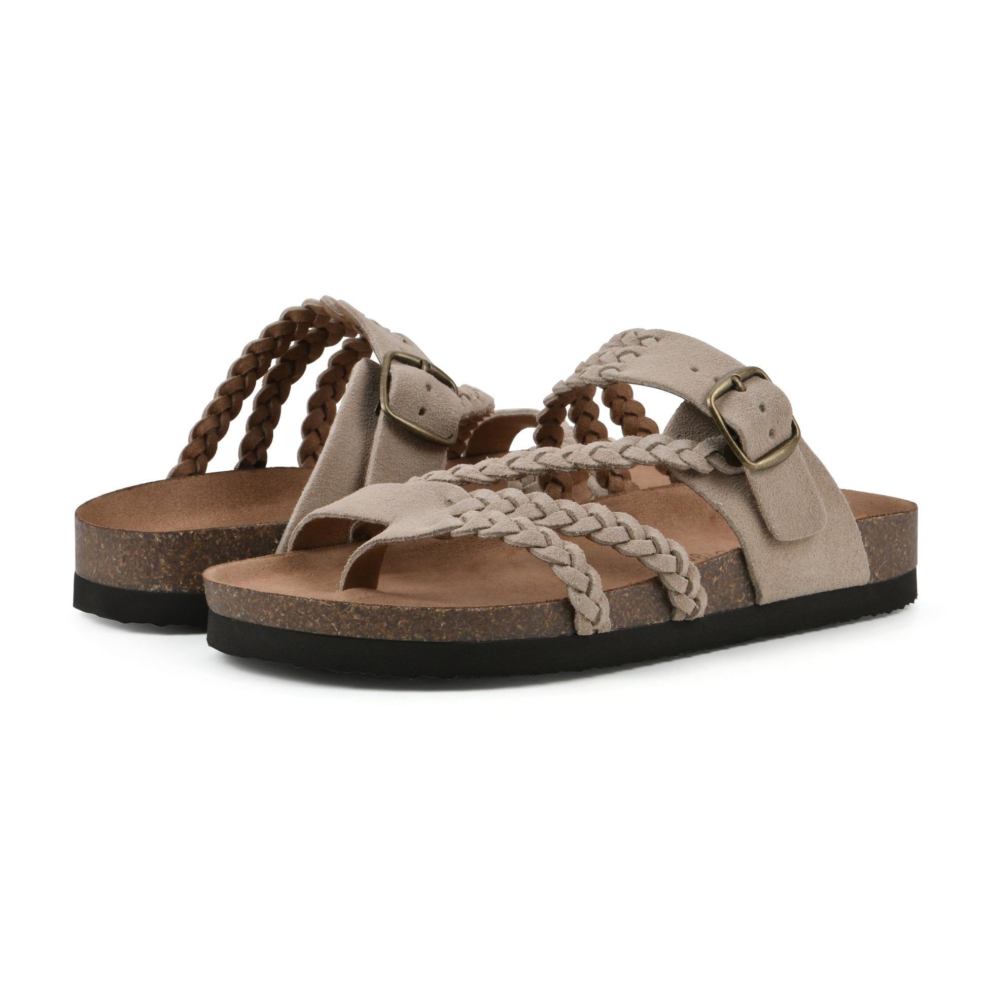 Sandalias ortopédicas beige con correas trenzadas y hebillas metálicas, suela oscura