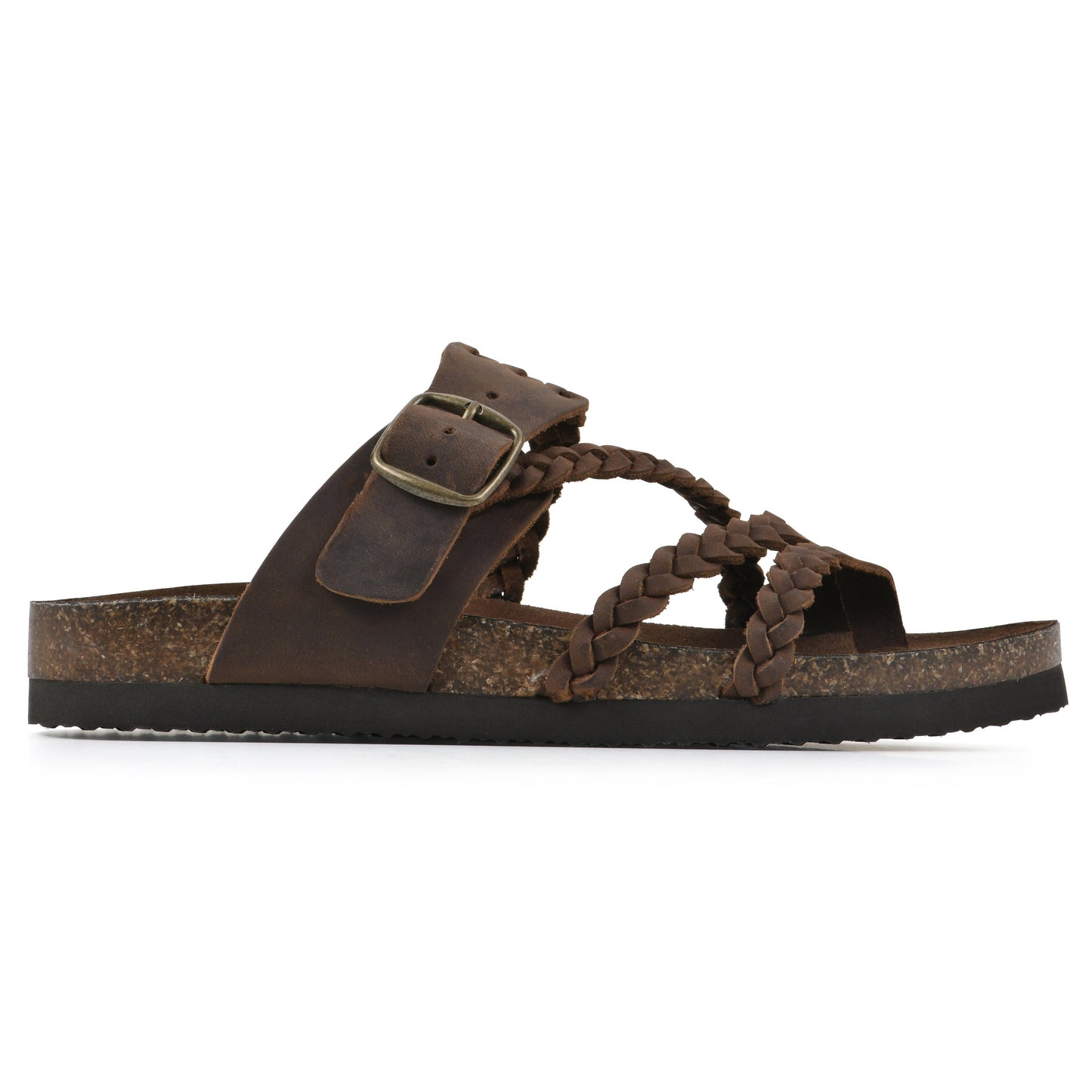 Sandalias anatómicas marrón con tira trenzada y hebilla rectangular ajustable.