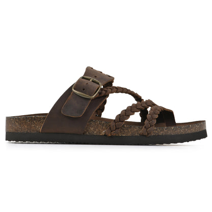 Sandalias anatómicas marrón con tira trenzada y hebilla rectangular ajustable.