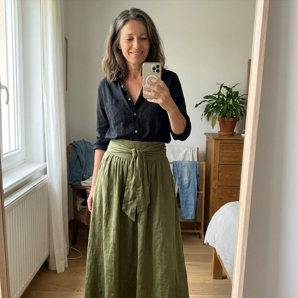 Conjunto de dos piezas en espejo: camisa negra y falda midi verde oliva con nudo delantero