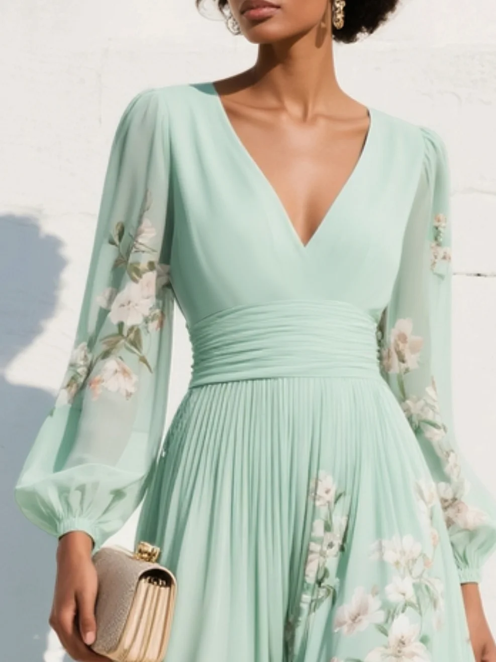Vestido de gasa verde menta con escote pico, cintura fruncida y flores en mangas.