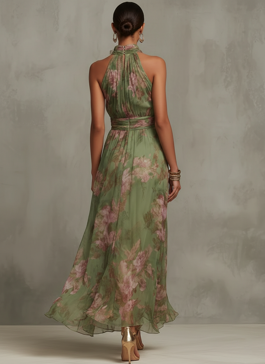Vestido largo verde floral con cuello halter alto y espalda descubierta