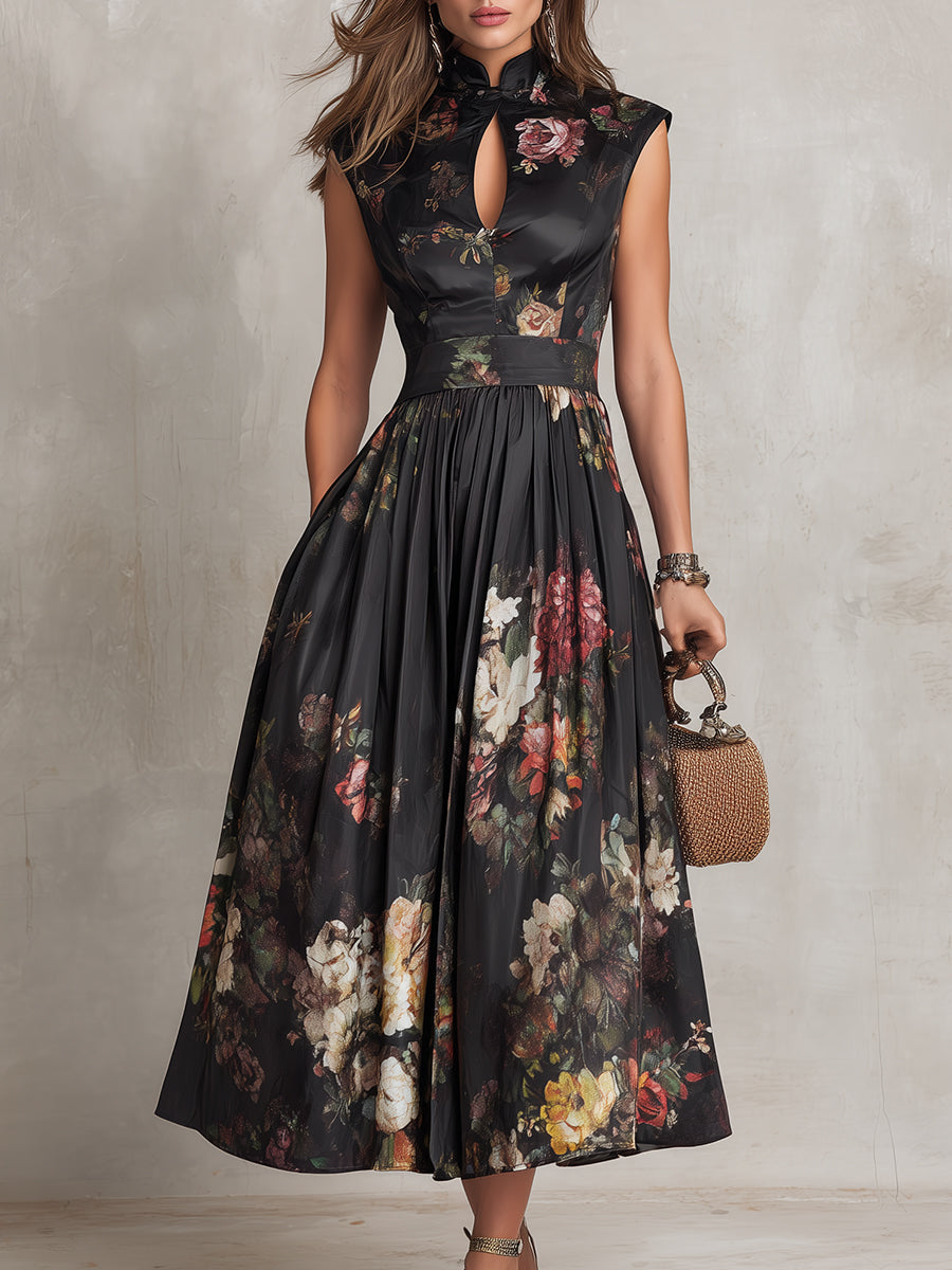 Vestido midi negro sin mangas con estampado floral y escote con abertura frontal