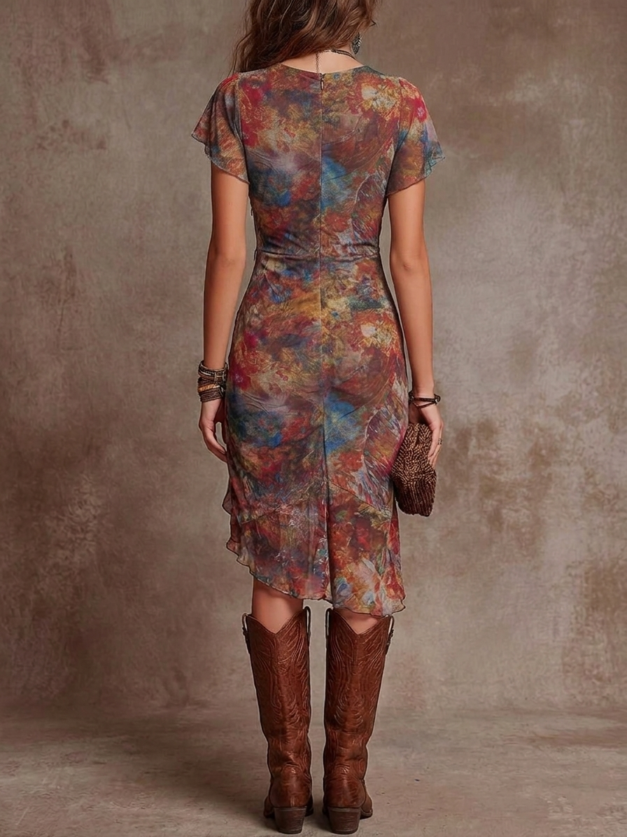 Vestido multicolor con estampado artístico, vista trasera; manga corta y entalle